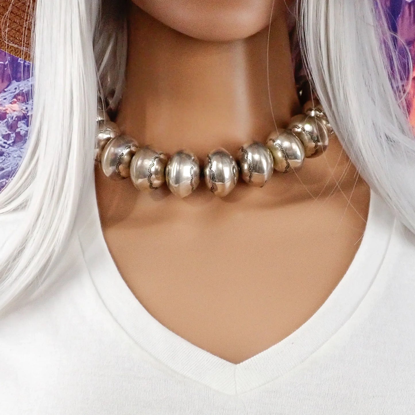Native American Statement Hand-Stamped Sterling Silver Navajo Pearls Choker 1" Bead Necklace by P. & D. CURLEY