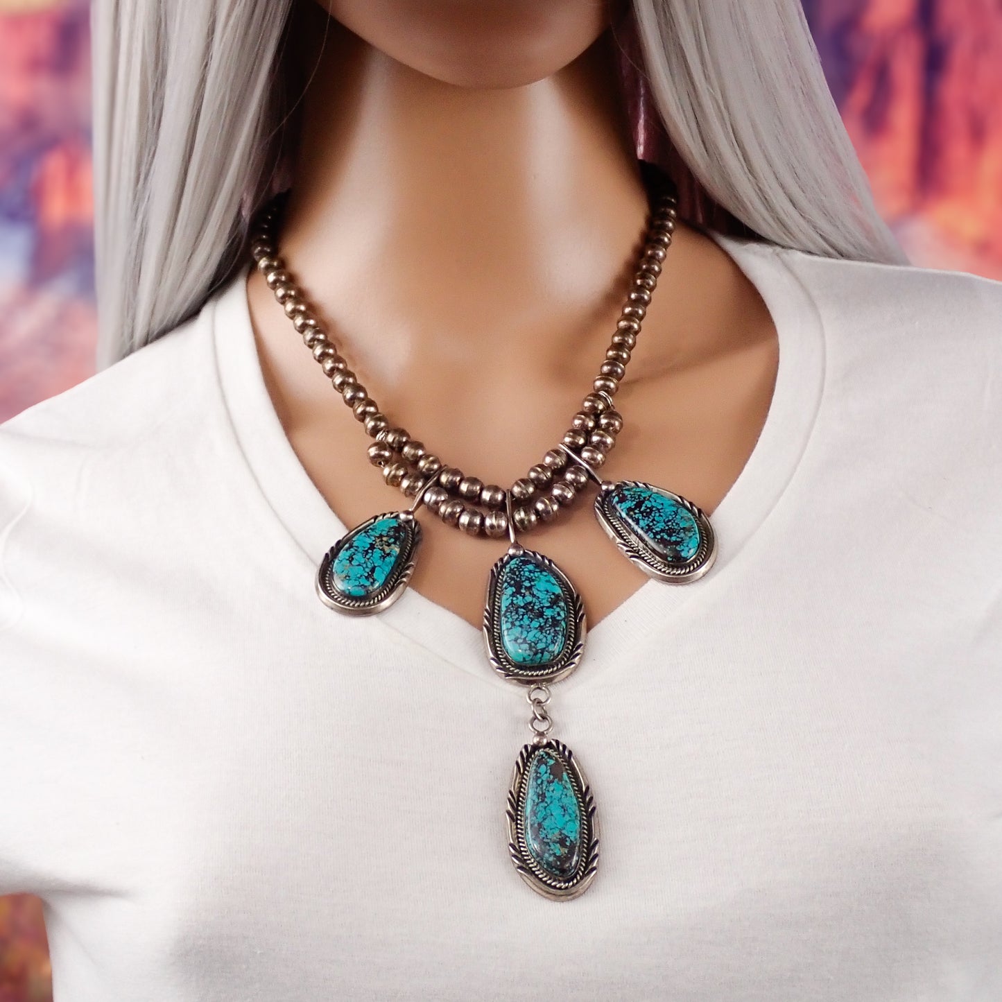 90-Gram Navajo Saturated Blue Spiderweb Turquoise Sterling Silver Station Necklace by B. SANDOVAL