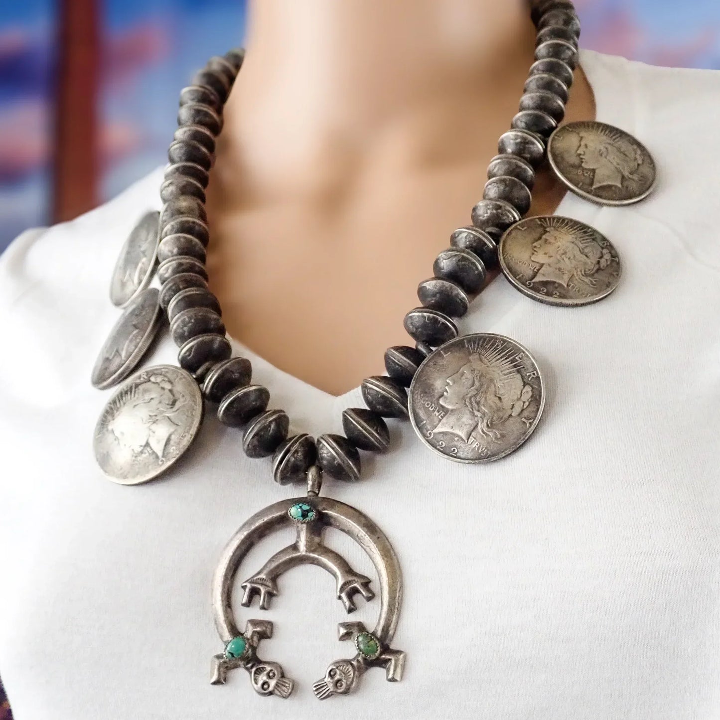 1960s-70s Native American Navajo Yei Naja & Peace Silver Dollar Coins Mercury Dime Bead Squash Blossom Necklace