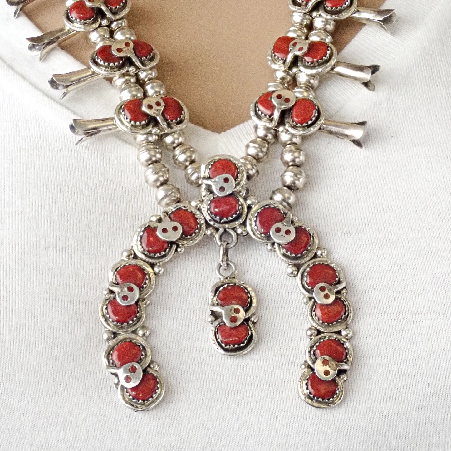 Native American Zuni Coral Cluster Snake Squash Blossom Sterling Silver Necklace by CALAVAZA