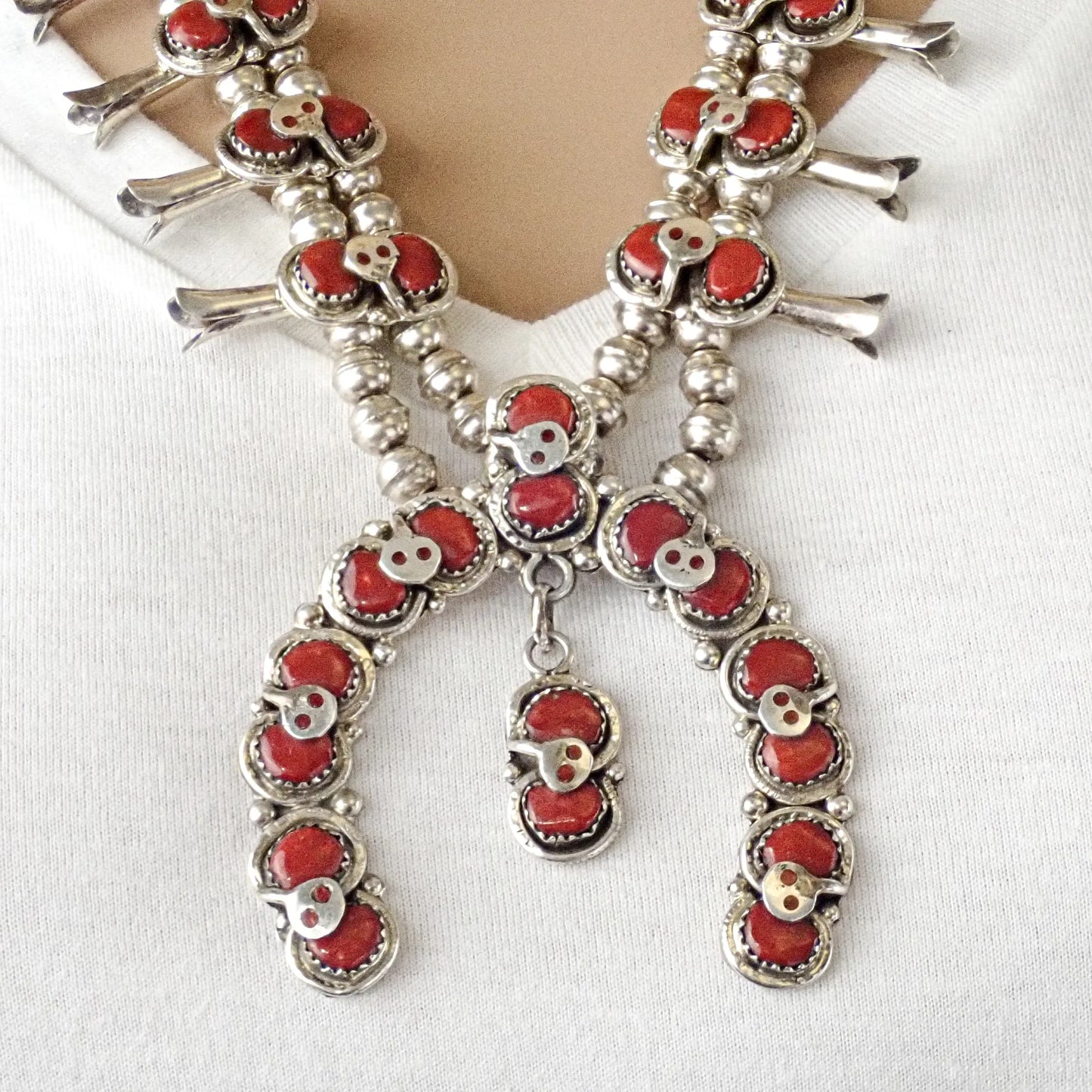 Native American Zuni Coral Cluster Snake Squash Blossom Sterling Silver Necklace by E. CALAVAZA