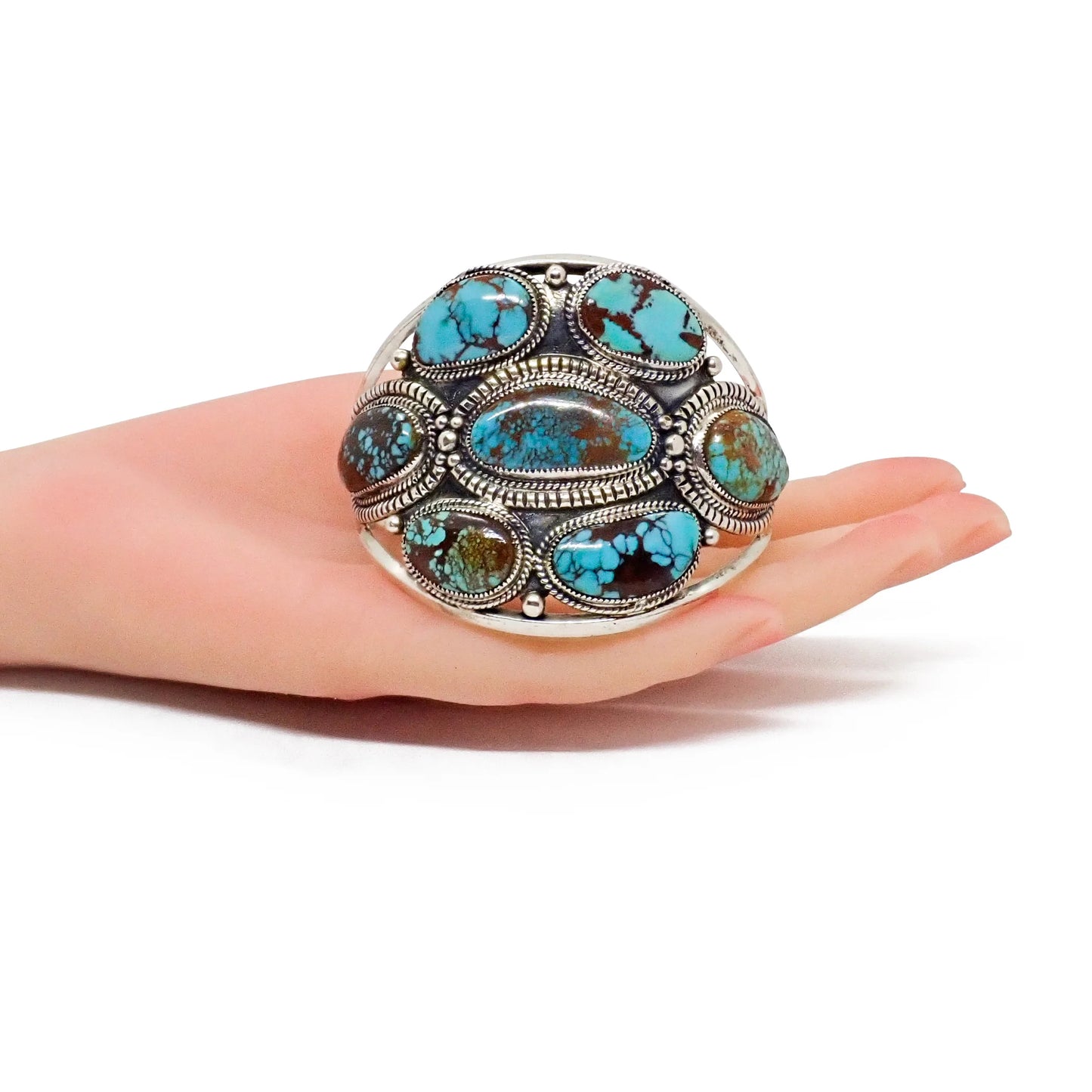 Handcrafted Boho-Chic Webbed Turquoise Cluster Sterling Silver Cuff Bracelet by GLODOVE