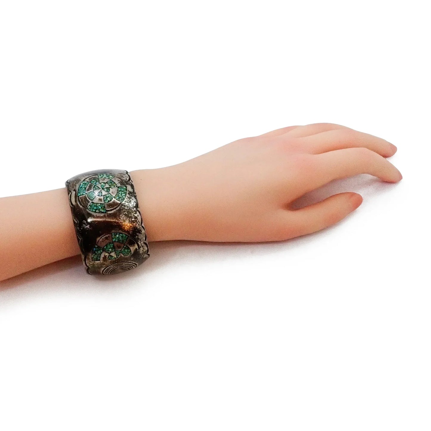 Circa 1970s Native American Navajo Turquoise Mosaic Chip Inlay Hand-Engraved Sterling Silver Cuff Bracelet