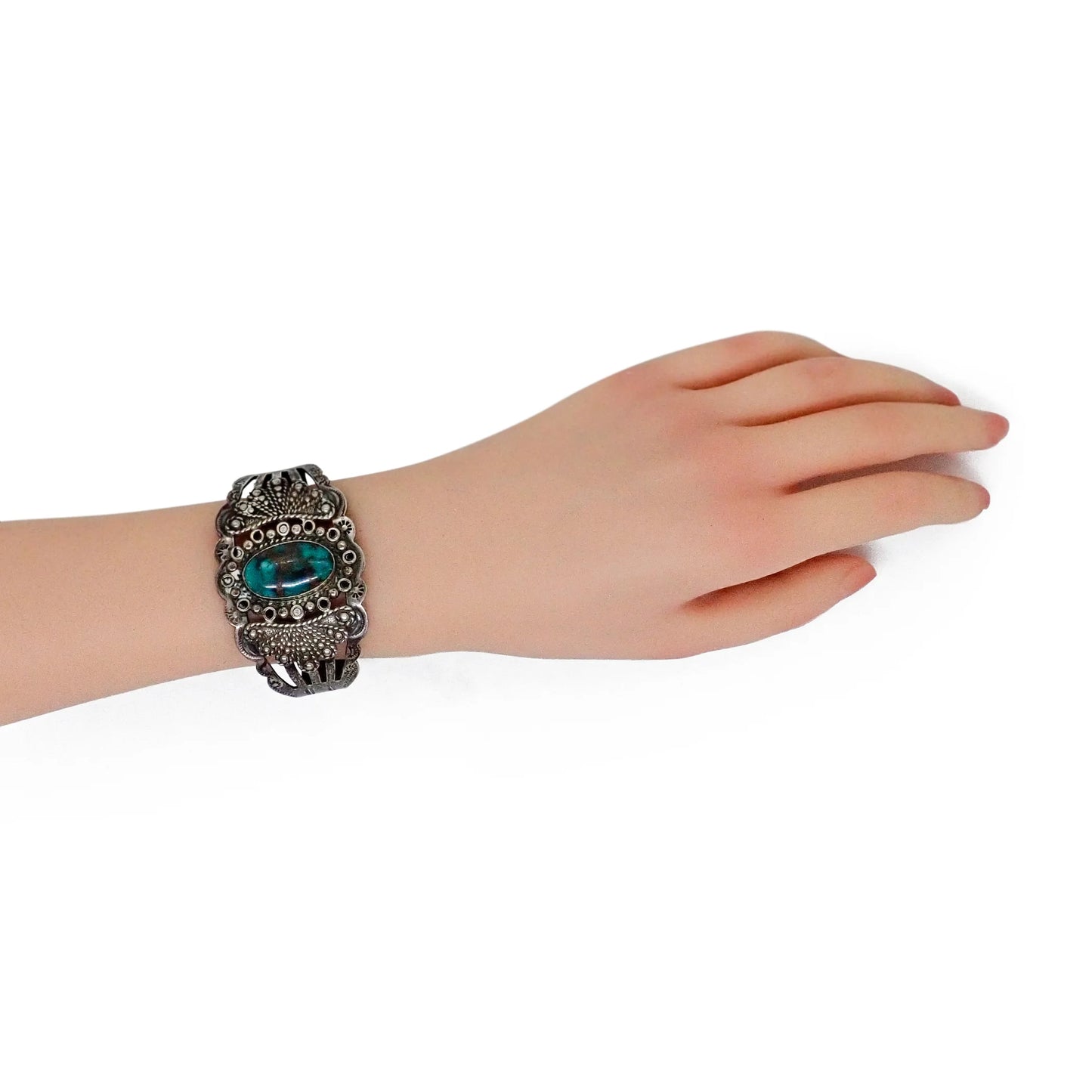 Native American Harvey Era Revival Turquoise Stamped Sterling Silver Cuff Bracelet by SILVER ARROW