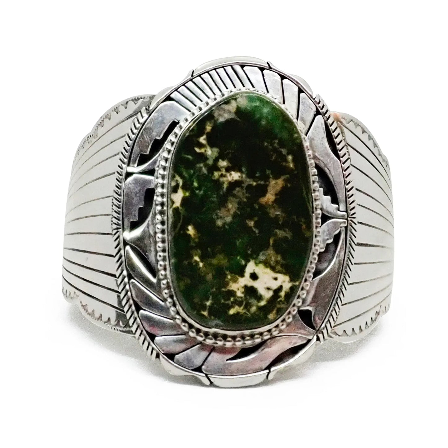 Solid Sterling Silver Native American Navajo Dark Green Royston Turquoise Cuff Bracelet by E. KEE