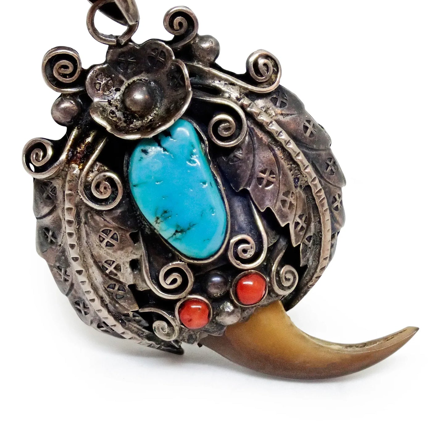 Native American Kingman Turquoise Coral & Bear Claw Sterling Silver Pendant Signed