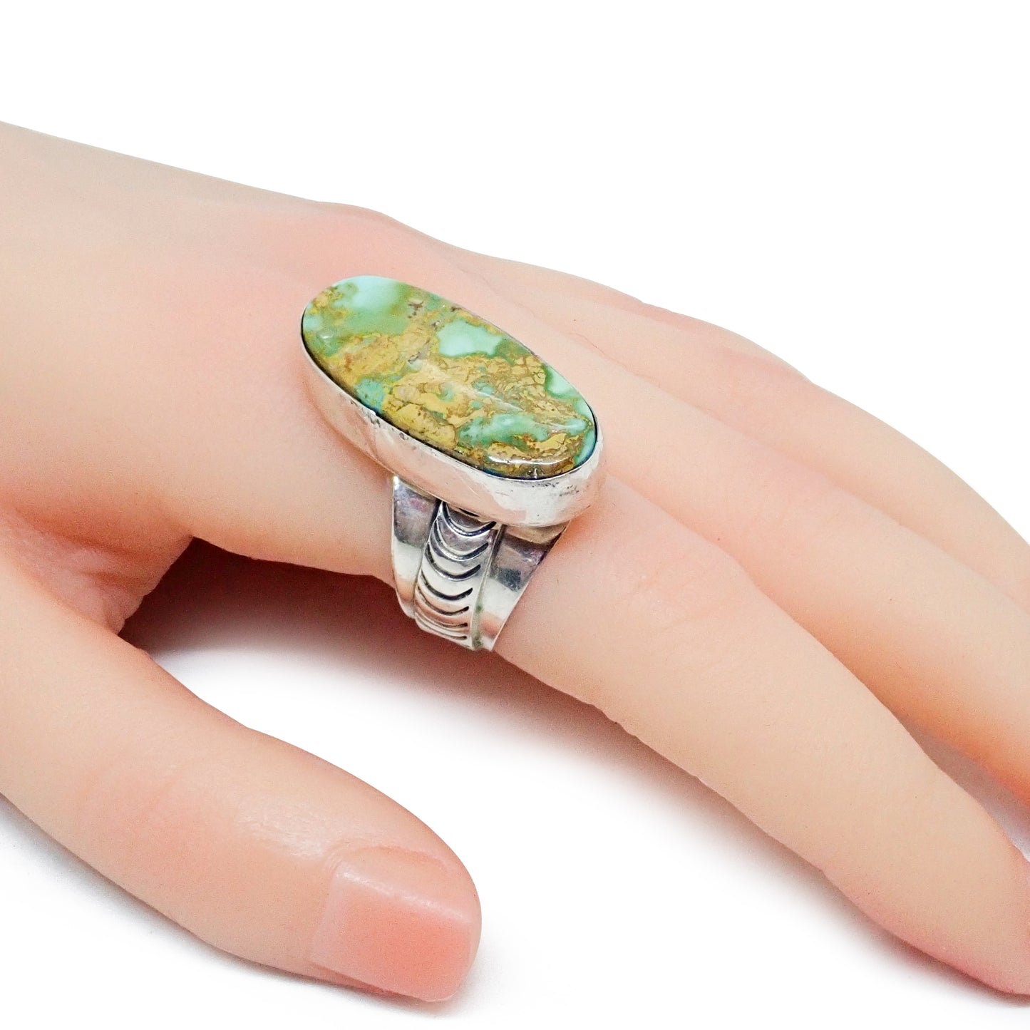 Native American Navajo Royston Turquoise Sterling Silver Chased Adjustable Ring by R. MAYES