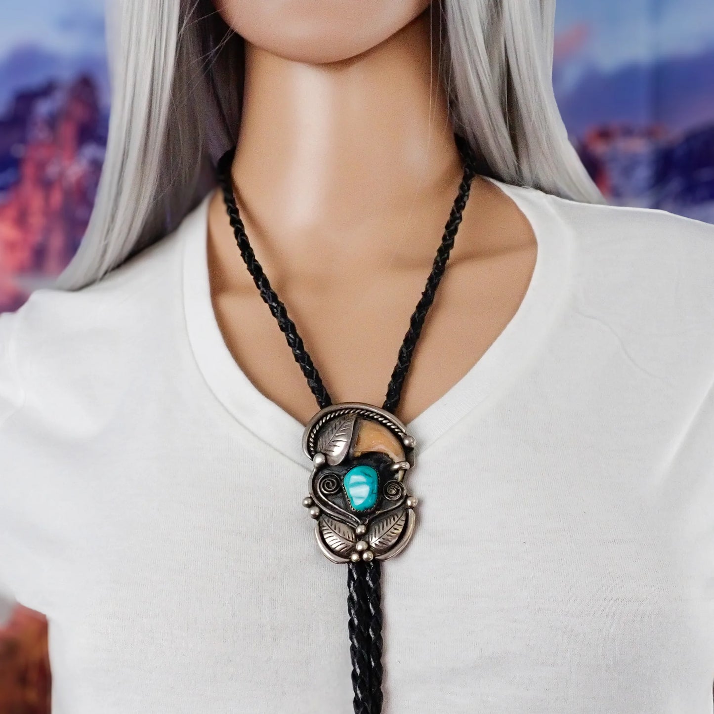 Native American Navajo Kingman Turquoise Bear Claw Sterling Silver Bolo Tie