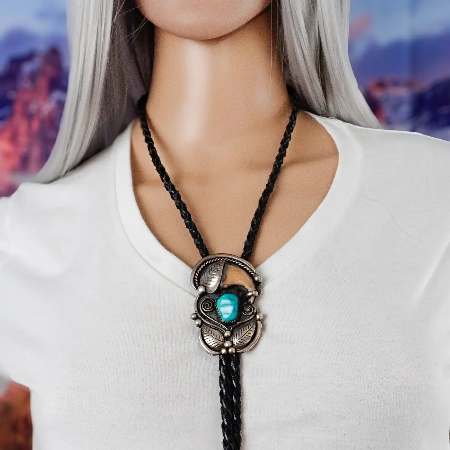 Vintage Navajo Sleeping Beauty Turquoise & Honey-Amber Bear Claw Sterling Silver Bolo Tie