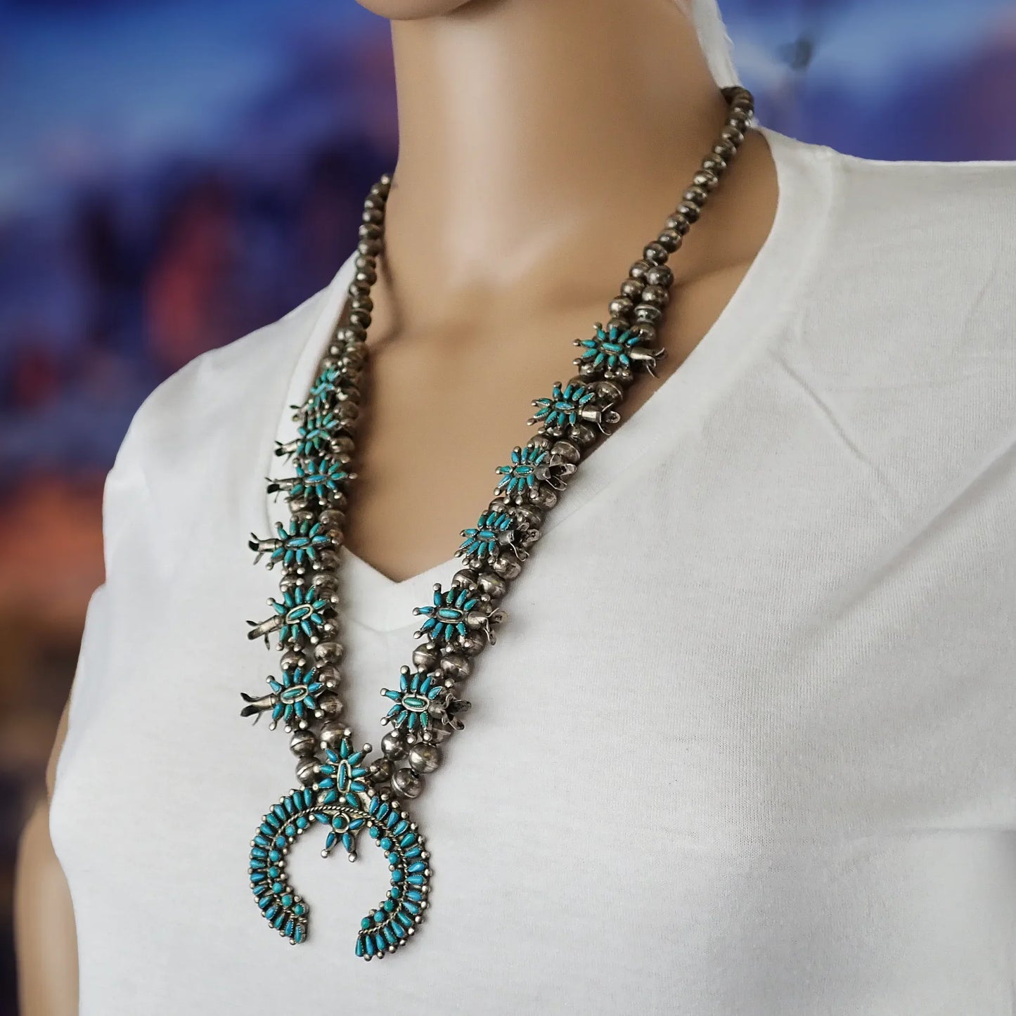 Zuni Turquoise Petit Point Cluster Squash Blossom Sterling Silver Necklace - Circa 1950-60s