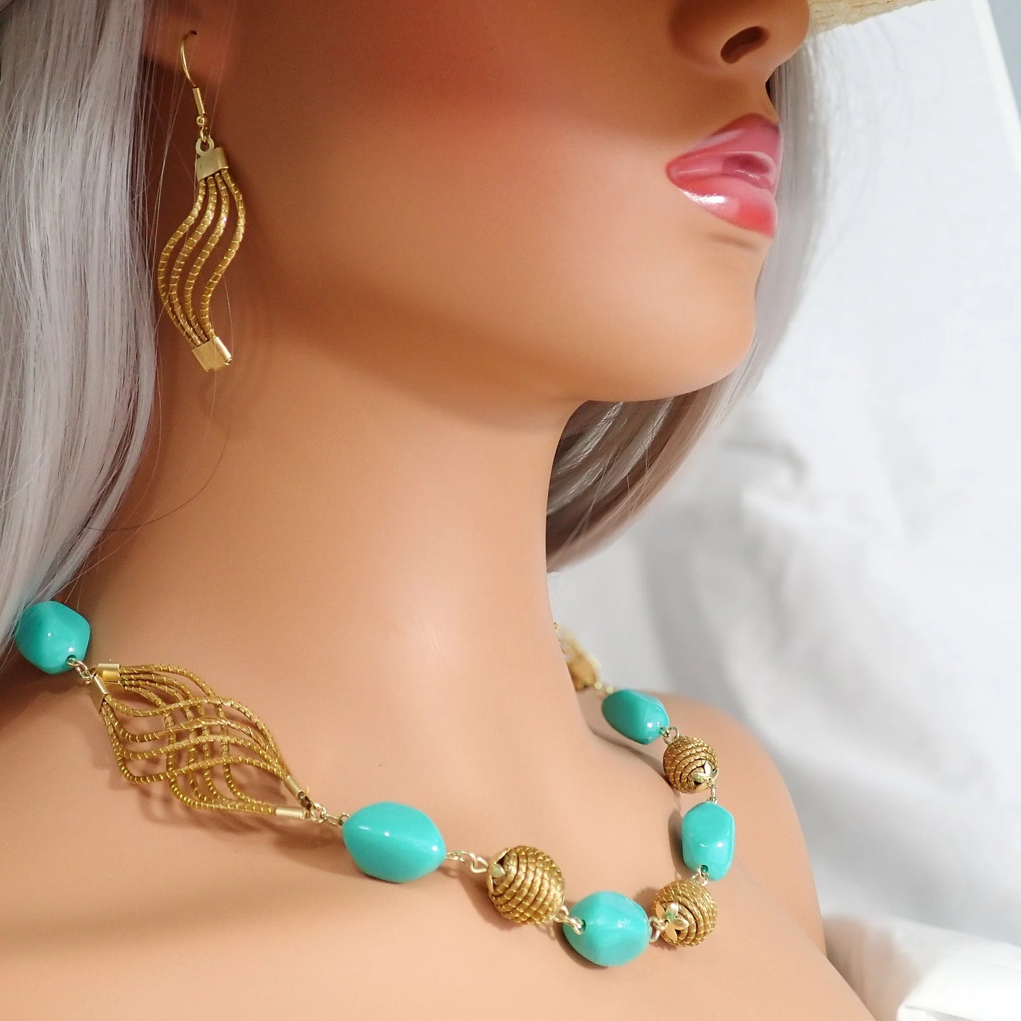 Boho-Chic Golden Grass & Eco-Friendly Turquoise Bead Necklace & Earrings Set