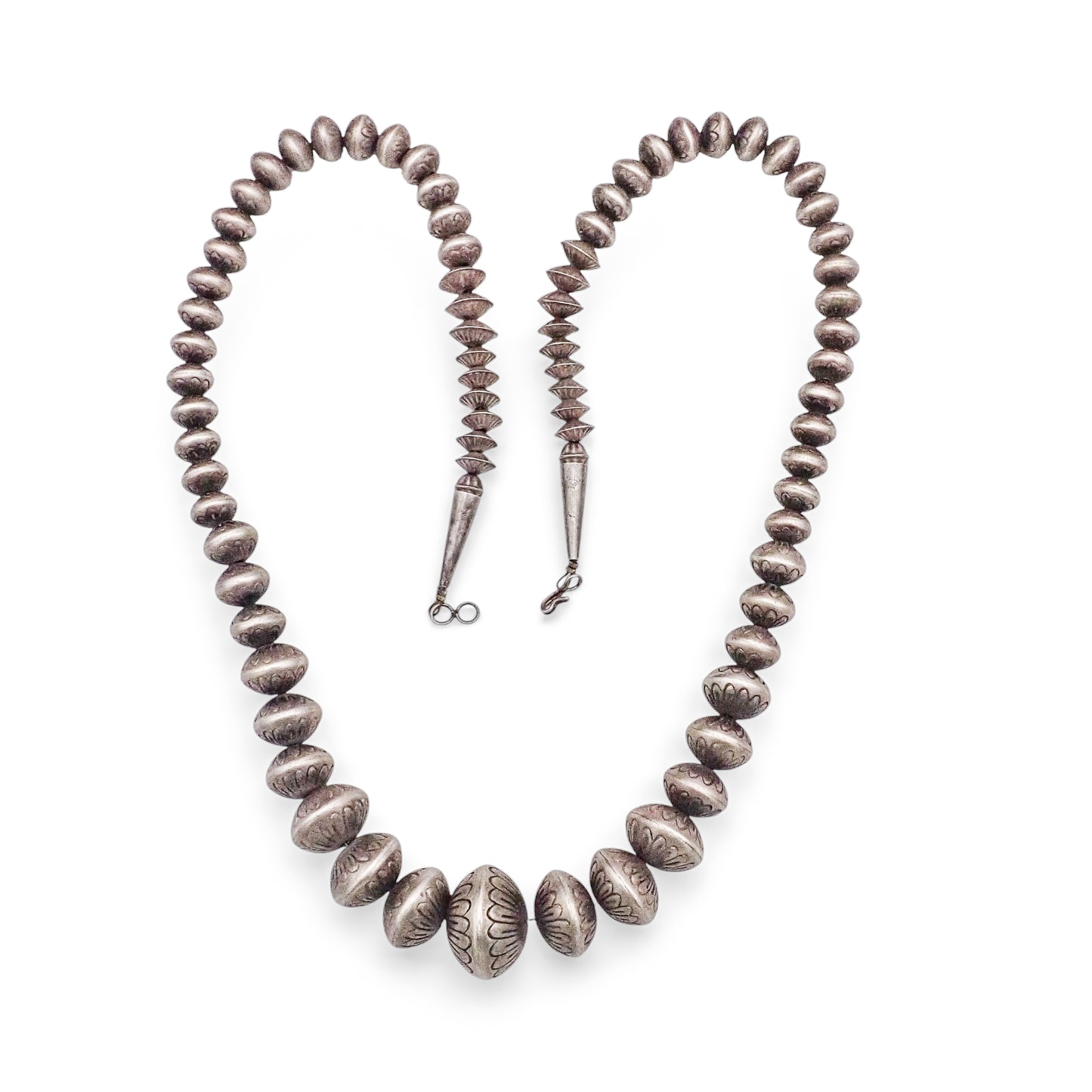 Late 20th Century Native American Hand-Chased Sterling Silver Graduated Navajo Pearls Bead Necklace