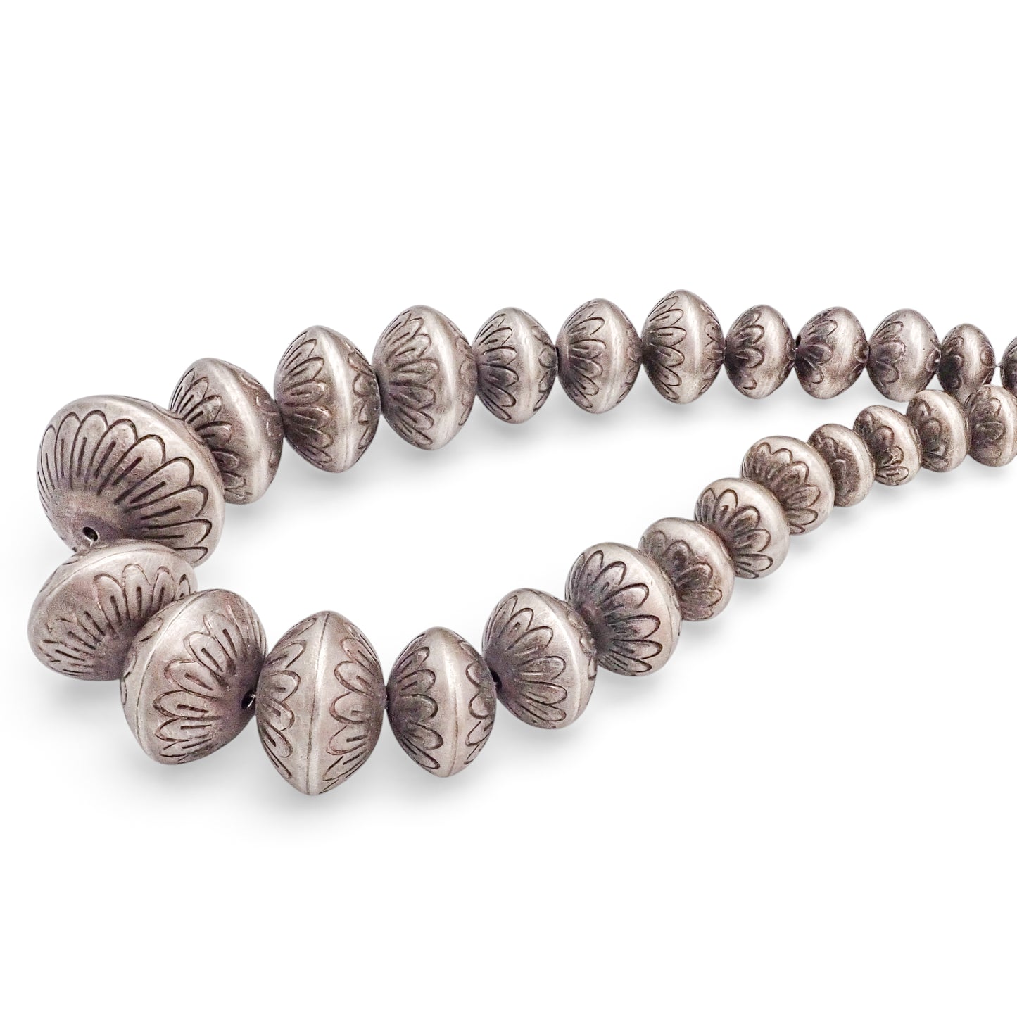 Late 20th Century Native American Hand-Chased Sterling Silver Graduated Navajo Pearls Bead Necklace