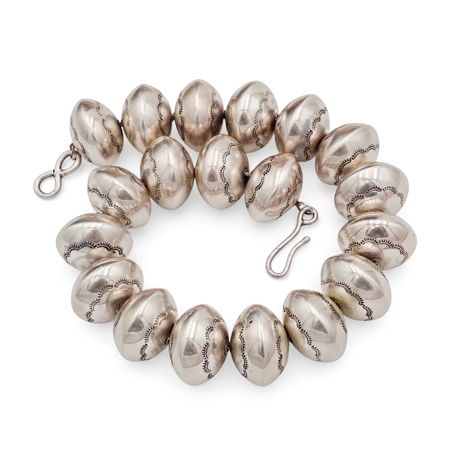 Native American Statement Hand-Stamped Sterling Silver Navajo Pearls Choker 1" Bead Necklace by P. & D. CURLEY