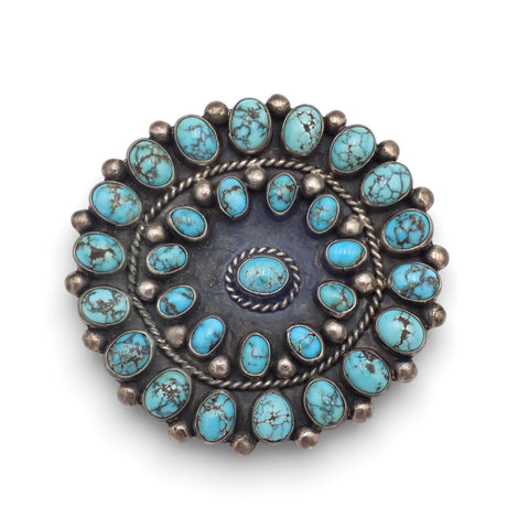 1950s Native American Navajo Persian Turquoise Rosette Cluster Sterling Pin Brooch by TOBE TURPEN