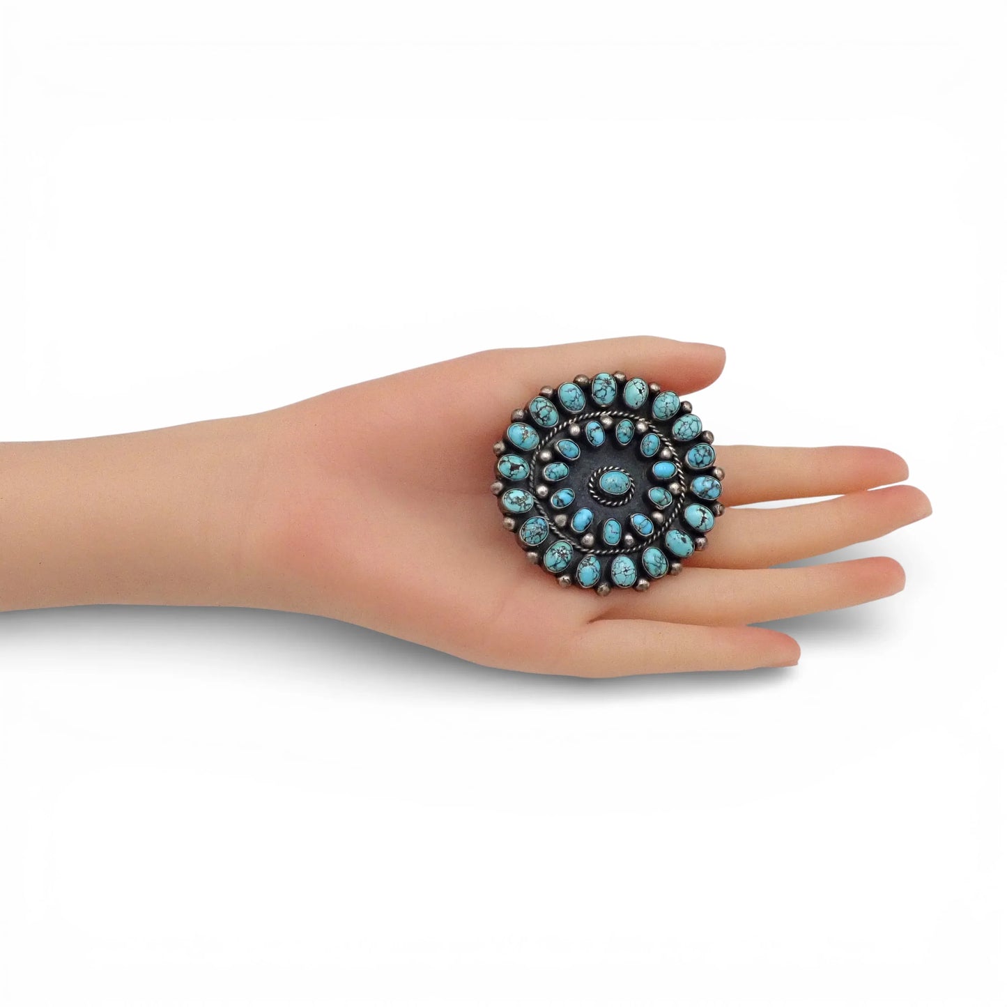 1950s Native American Navajo Persian Turquoise Rosette Cluster Sterling Pin Brooch by TOBE TURPEN
