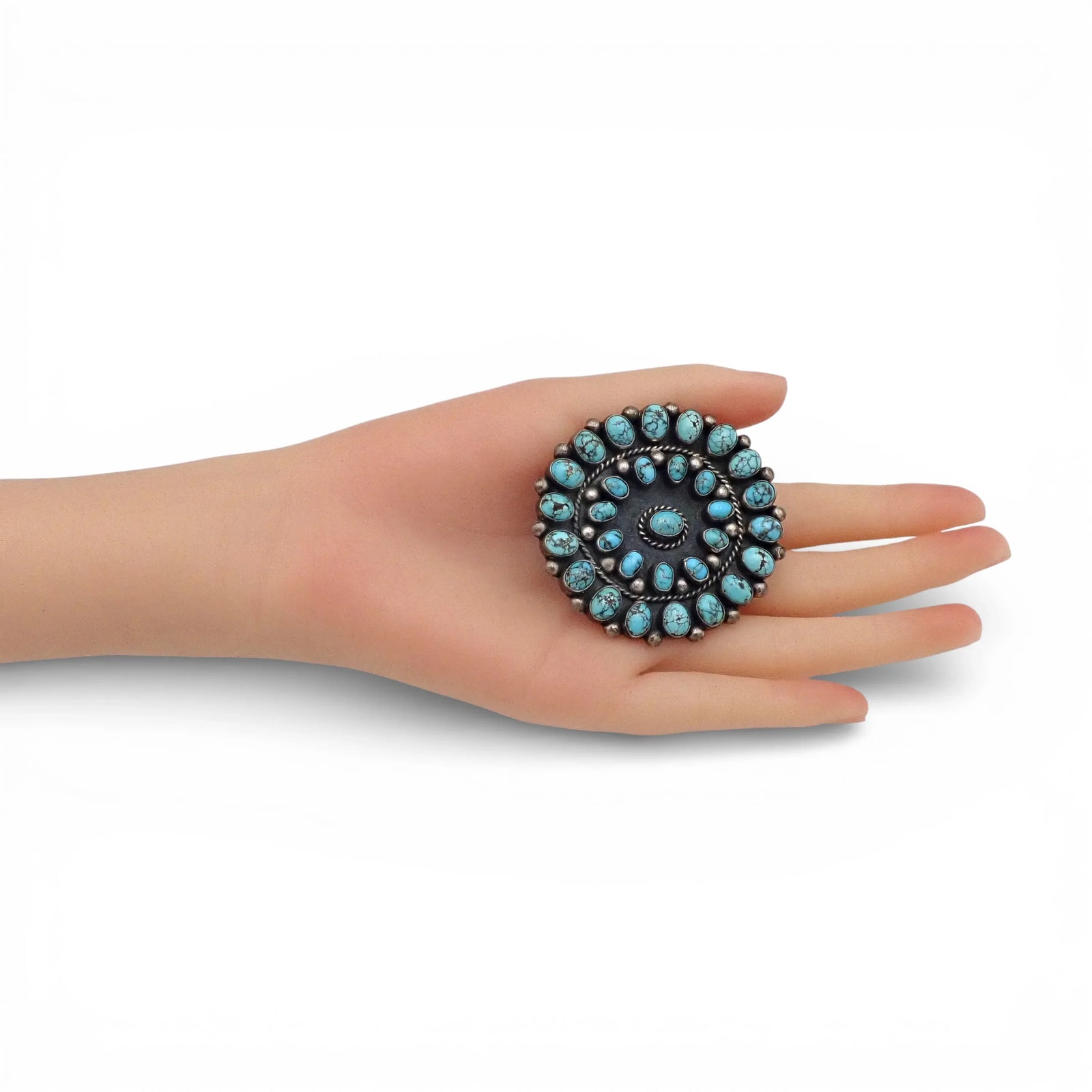 1950s Native American Navajo Persian Turquoise Rosette Cluster Sterling Pin Brooch by TOBE TURPEN