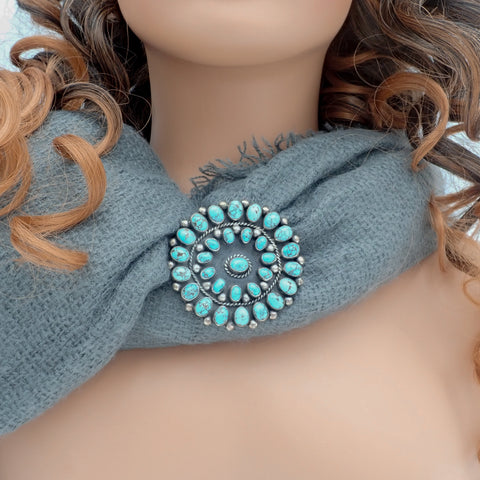 1950s Native American Navajo Persian Turquoise Rosette Cluster Sterling Pin Brooch by TOBE TURPEN