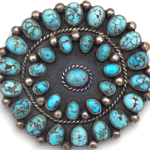 1950s Native American Navajo Persian Turquoise Rosette Cluster Sterling Pin Brooch by TOBE TURPEN