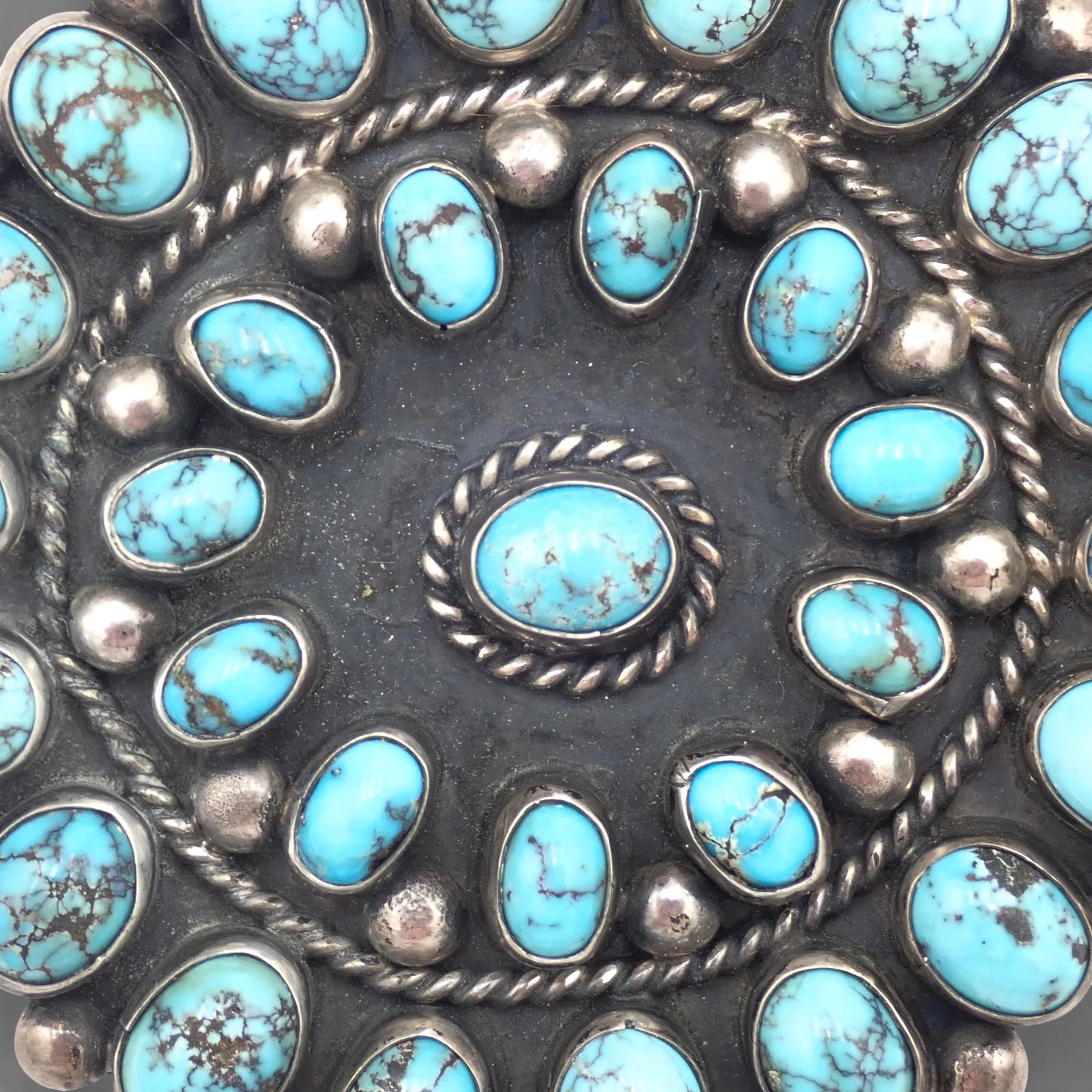 1950s Native American Navajo Persian Turquoise Rosette Cluster Sterling Pin Brooch by TOBE TURPEN
