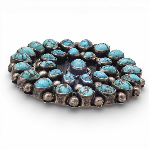 1950s Native American Navajo Persian Turquoise Rosette Cluster Sterling Pin Brooch by TOBE TURPEN