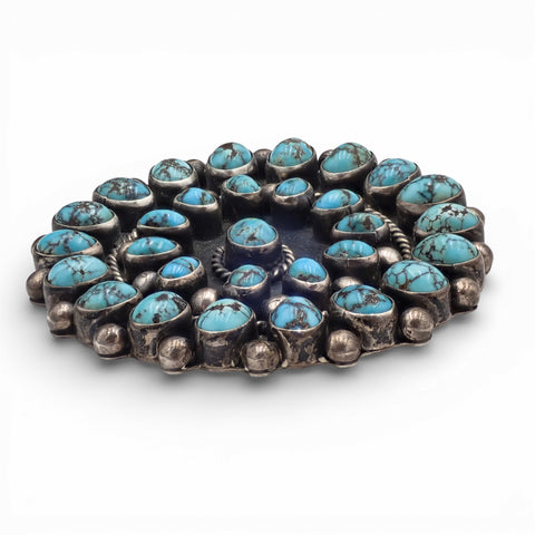 1950s Native American Navajo Persian Turquoise Rosette Cluster Sterling Pin Brooch by TOBE TURPEN