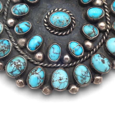 1950s Native American Navajo Persian Turquoise Rosette Cluster Sterling Pin Brooch by TOBE TURPEN