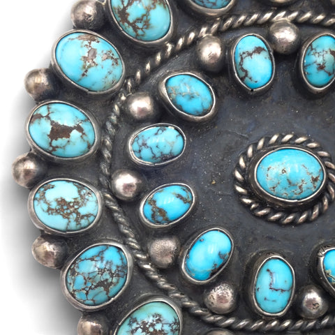 1950s Native American Navajo Persian Turquoise Rosette Cluster Sterling Pin Brooch by TOBE TURPEN