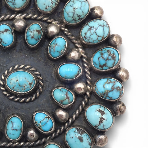 1950s Native American Navajo Persian Turquoise Rosette Cluster Sterling Pin Brooch by TOBE TURPEN