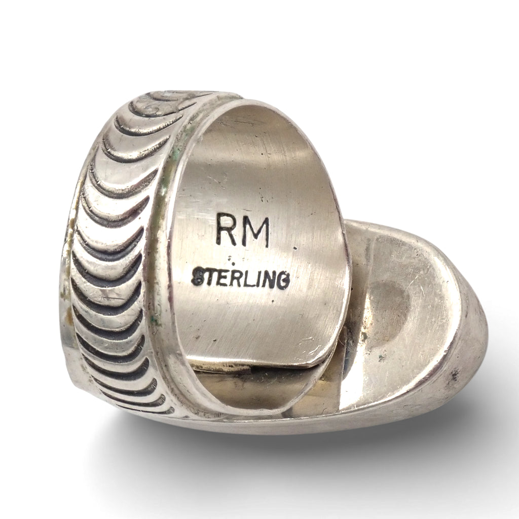 Native American Navajo Royston Turquoise Sterling Silver Chased Adjustable Ring by R. MAYES