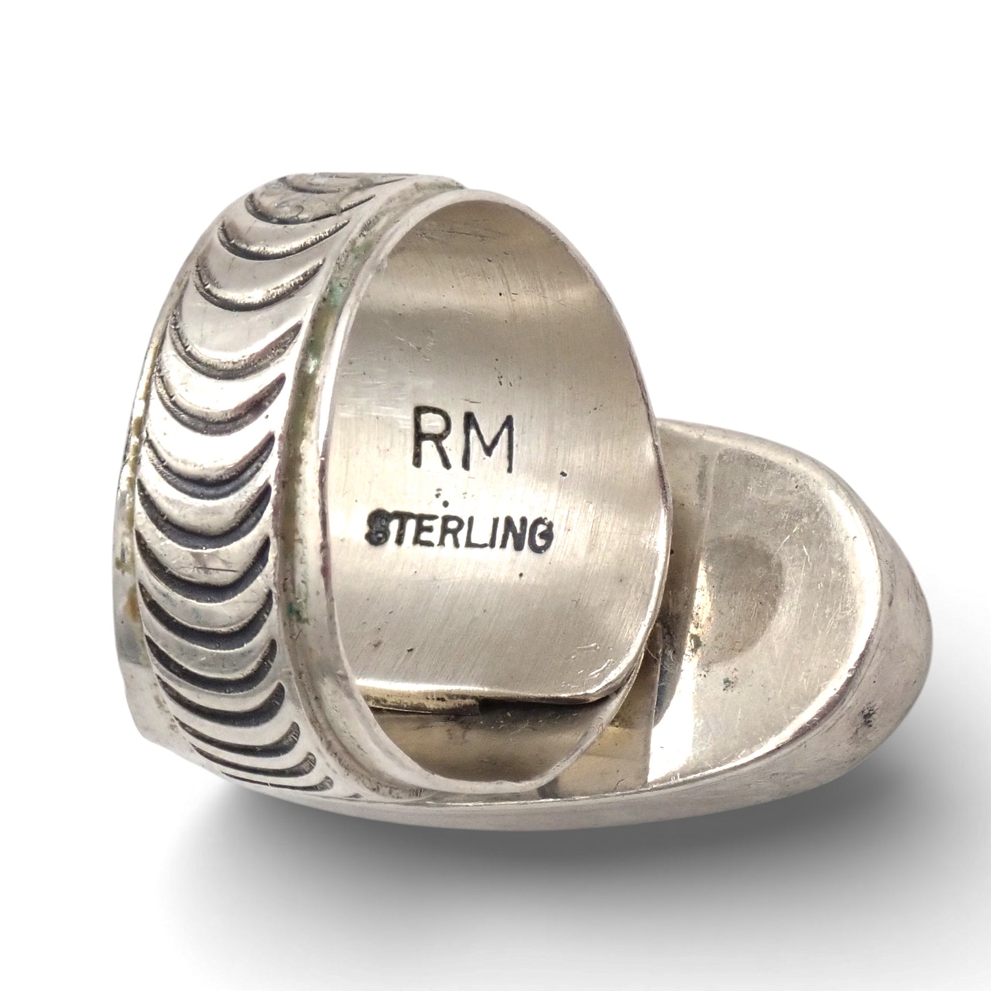 Native American Navajo Royston Turquoise Sterling Silver Chased Adjustable Ring by R. MAYES