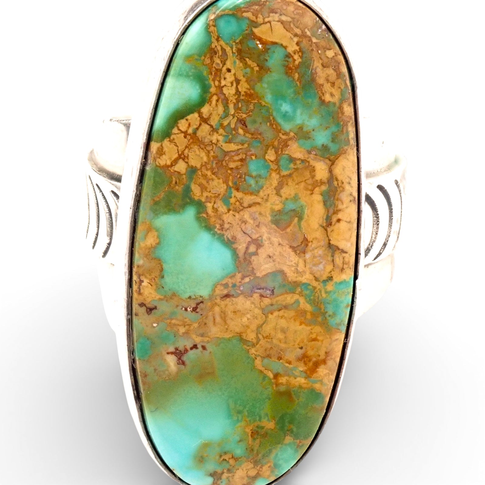 Native American Navajo Royston Turquoise Sterling Silver Chased Adjustable Ring by R. MAYES