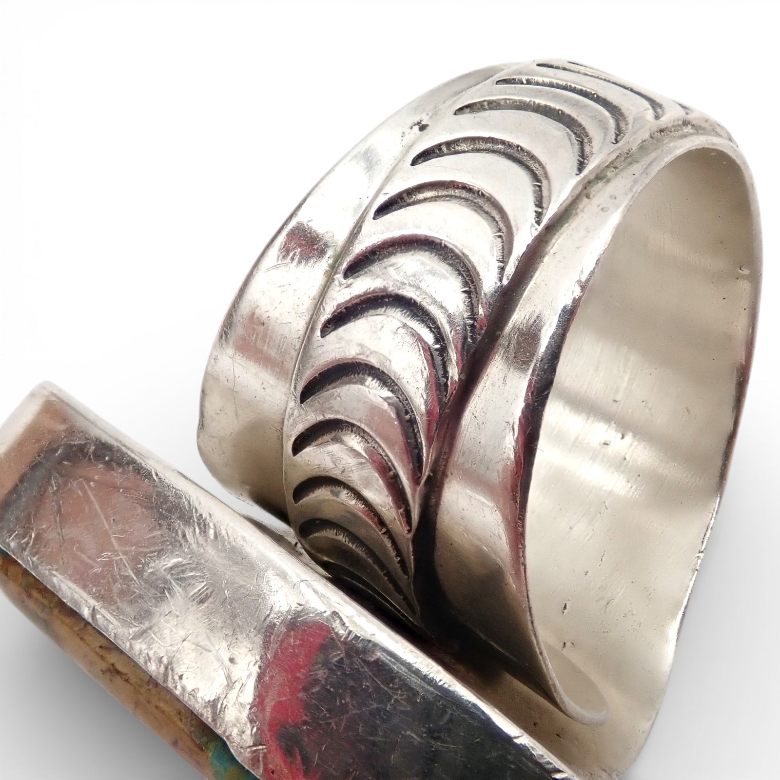 Native American Navajo Royston Turquoise Sterling Silver Chased Adjustable Ring by R. MAYES