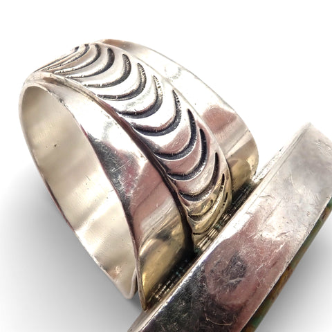 Native American Navajo Royston Turquoise Sterling Silver Chased Adjustable Ring by R. MAYES