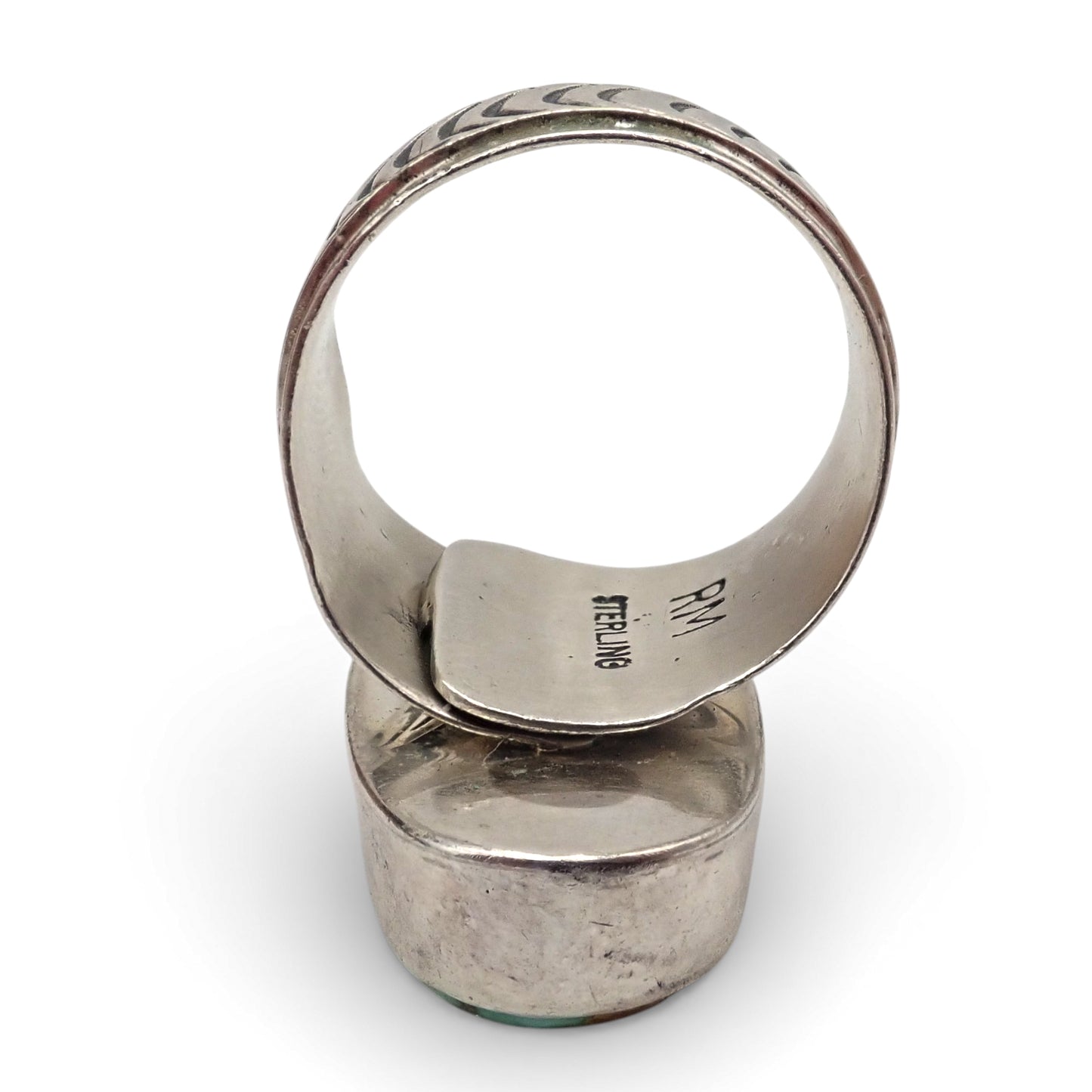 Native American Navajo Royston Turquoise Sterling Silver Chased Adjustable Ring by R. MAYES