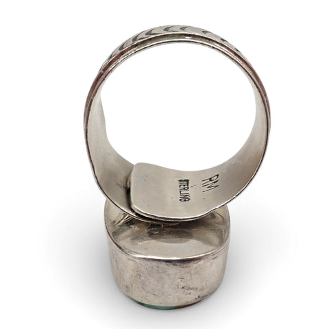 Native American Navajo Royston Turquoise Sterling Silver Chased Adjustable Ring by R. MAYES