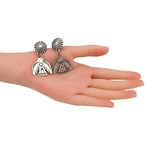 Thunderbird Sampler Drop Post Earrings with Deep Stamps & Chasing by Navajo Artisan V. J. PLATERO