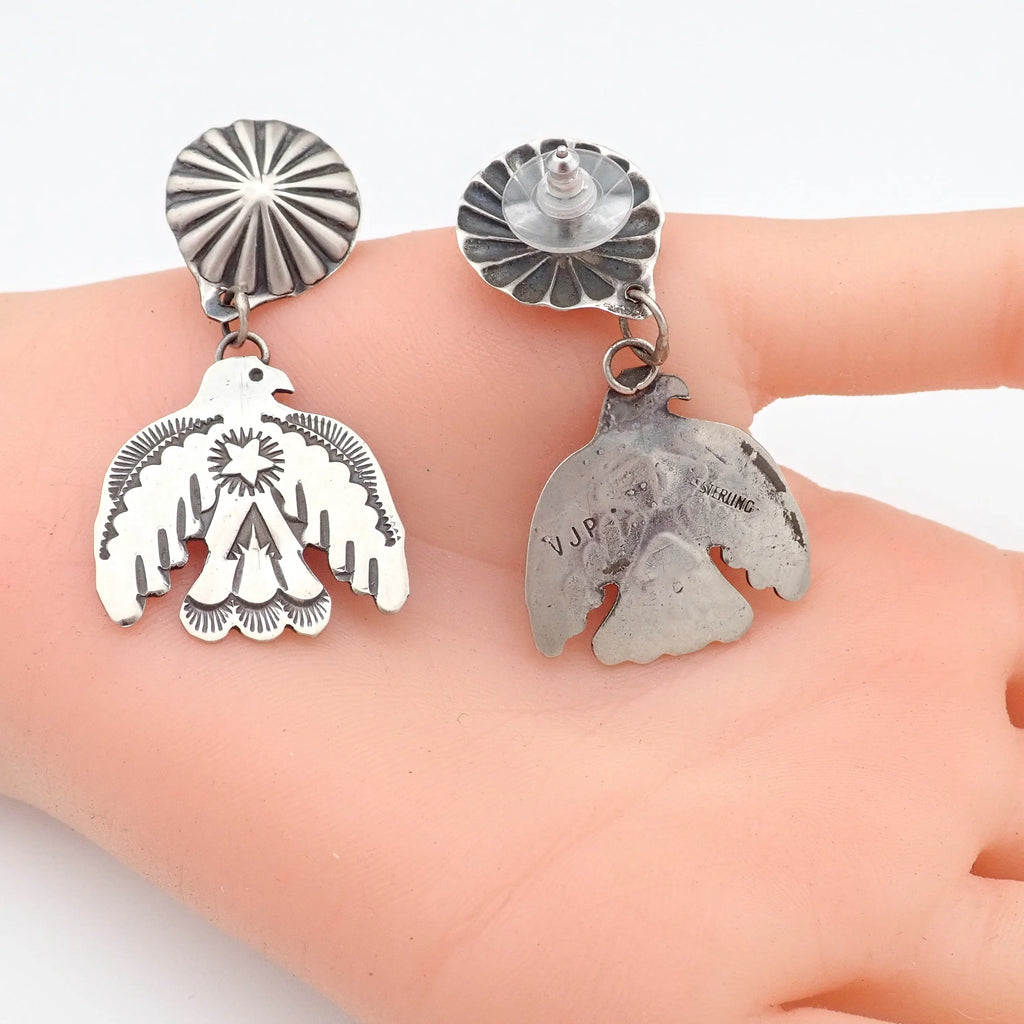 Thunderbird Sampler Drop Post Earrings with Deep Stamps & Chasing by Navajo Artisan V. J. PLATERO