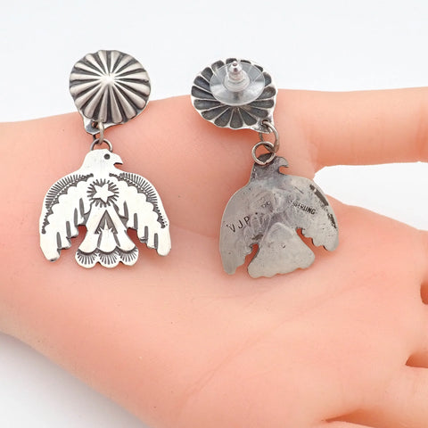 Thunderbird Sampler Drop Post Earrings with Deep Stamps & Chasing by Navajo Artisan V. J. PLATERO