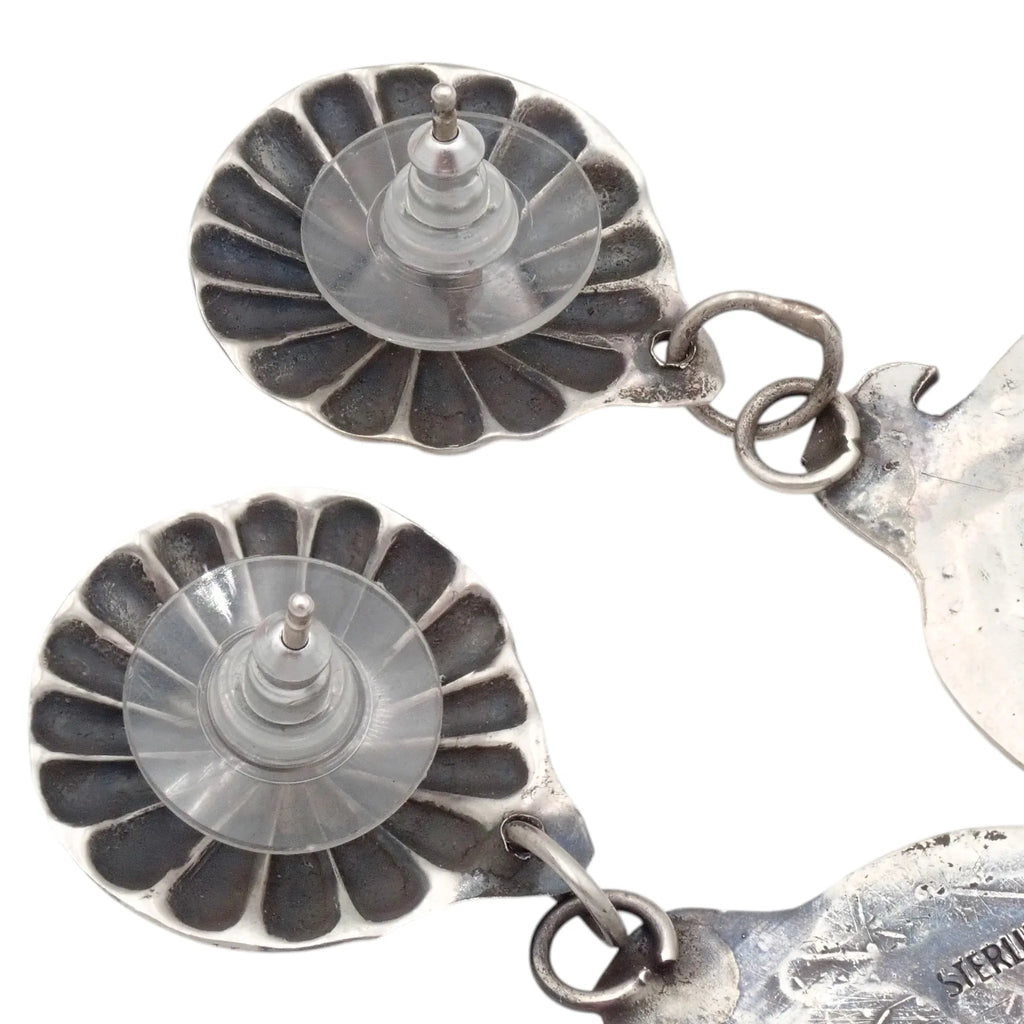 Thunderbird Sampler Drop Post Earrings with Deep Stamps & Chasing by Navajo Artisan V. J. PLATERO