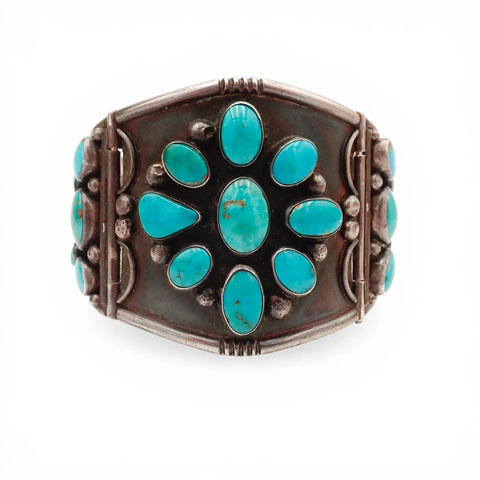 97-Gram Navajo Gem-Grade Blue & Teal Turquoise Cluster Three-Panel Hinged Bracelet