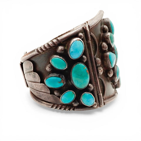 97-Gram Navajo Gem-Grade Blue & Teal Turquoise Cluster Three-Panel Hinged Bracelet