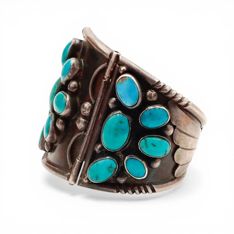 97-Gram Navajo Gem-Grade Blue & Teal Turquoise Cluster Three-Panel Hinged Bracelet