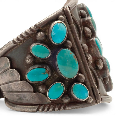 97-Gram Navajo Gem-Grade Blue & Teal Turquoise Cluster Three-Panel Hinged Bracelet