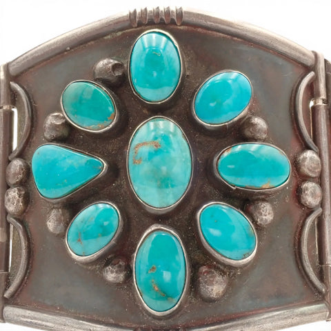 97-Gram Navajo Gem-Grade Blue & Teal Turquoise Cluster Three-Panel Hinged Bracelet