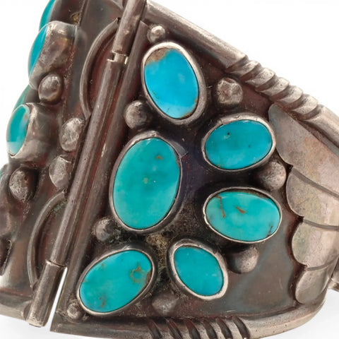 97-Gram Navajo Gem-Grade Blue & Teal Turquoise Cluster Three-Panel Hinged Bracelet
