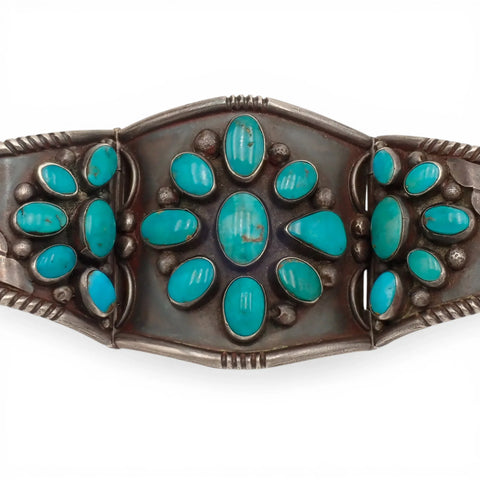 97-Gram Navajo Gem-Grade Blue & Teal Turquoise Cluster Three-Panel Hinged Bracelet