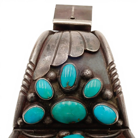 97-Gram Navajo Gem-Grade Blue & Teal Turquoise Cluster Three-Panel Hinged Bracelet