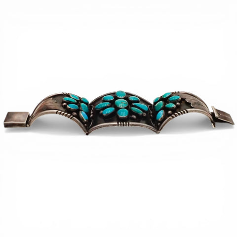 97-Gram Navajo Gem-Grade Blue & Teal Turquoise Cluster Three-Panel Hinged Bracelet