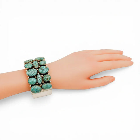 Natural Turquoise Mountain Spiderweb Cluster Sterling Silver Navajo Cuff Bracelet by M. SPENCER